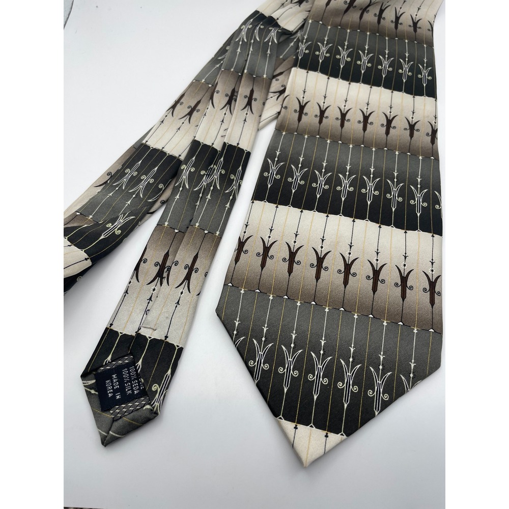Franco Di Napoli Mens Silk Tie Grey Brown Art Deco Geometric Fleur De Lis Korea